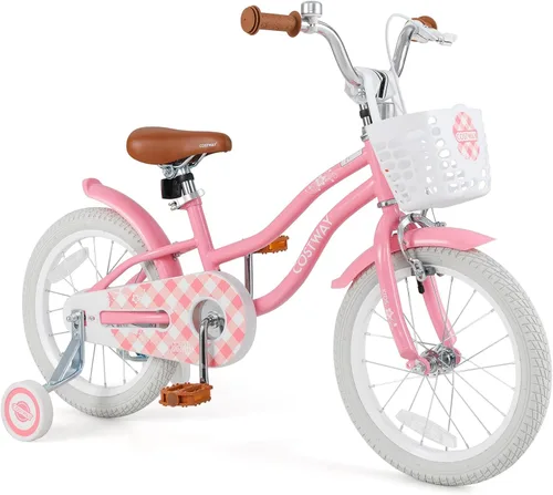 Miniatura 22 de COSTWAY Bicicleta para niños de 12, 14, 16, 18 pulgadas, bicicleta para niños con ruedas de entrenamiento, frenos de mano y posavasos, sillín