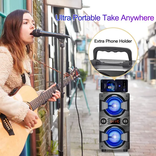 Miniatura 6 de Altavoces Bluetooth de 60 W, altavoz inalámbrico portátil con subwoofer doble, graves pesados, radio FM, micrófono, luces, ecualizador remoto, caja