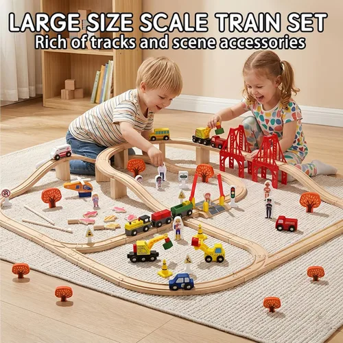 Miniatura 2 de Juego de 100 pistas de tren de madera, tren de juguete con pistas para niños de 3 a 10 años, compatible con las principales marcas, juego