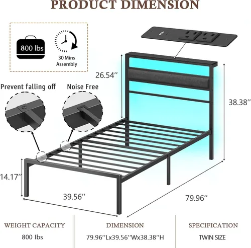 Miniatura 2 de OURPIC Marco de cama individual para niños, marco de cama de plataforma de metal tamaño individual con estación de carga y luces LED, cabecera Negro