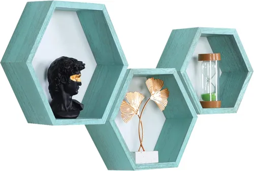 Miniatura 13 de PHOENANCEE - Estantes flotantes hexagonales, juego de 3 estantes de nido de abeja, estantes de pared de madera estilo granja para almacenamiento