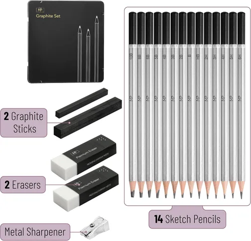 Miniatura 2 de Mr. Pen - Juego de lápices de dibujo para dibujo, 19 piezas, lápices de grafito (10B-6H), palitos de grafito, borradores, sacapuntas de metal