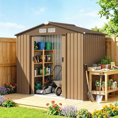 Miniatura 23 de Outsunny Cobertizo de almacenamiento exterior de 11' x 13', cobertizo de metal para herramientas de jardín con kit de cimentación, puerta con doble