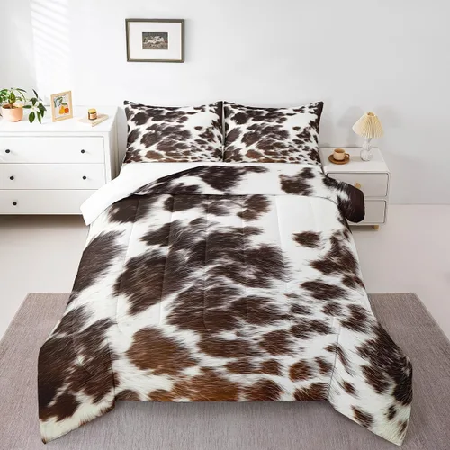Miniatura 18 de Juego de edredón con estampado de vaca marrón para niñas y niños, edredón de plumón de piel de vaca de las tierras altas, ropa de cama de piel