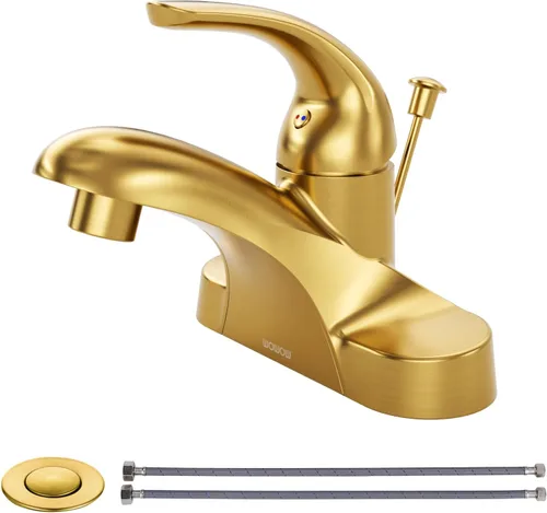 WOWOW Grifo de baño de 4 pulgadas de un solo mango para fregadero de baño, llave de tocador de oro cepillado con conjunto de drenaje de barra de