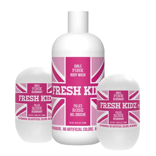 Fresh Kidz Gel de baño de 16.9 onzas líquidas y 2 desodorantes en rollo de 1.86 onzas líquidas para niños y adolescentes - Conjunto rosa para niñas