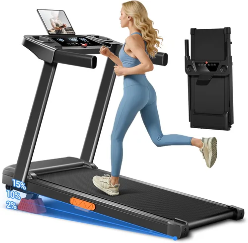 LONTEK Cinta de correr plegable 3 en 1 con 15% de inclinación, cintas de correr portátiles para el hogar y la oficina, caminadora plegable con asas,