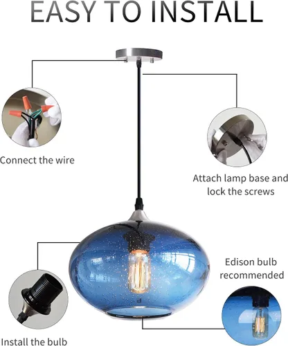 Miniatura 5 de Iluminación Colgante para Isla de Cocina de Cristal Azul Moderno Lámpara Colgante con Burbujas Texturizadas Sobre Fregadero 9.4 Pulgadas de Diámetro
