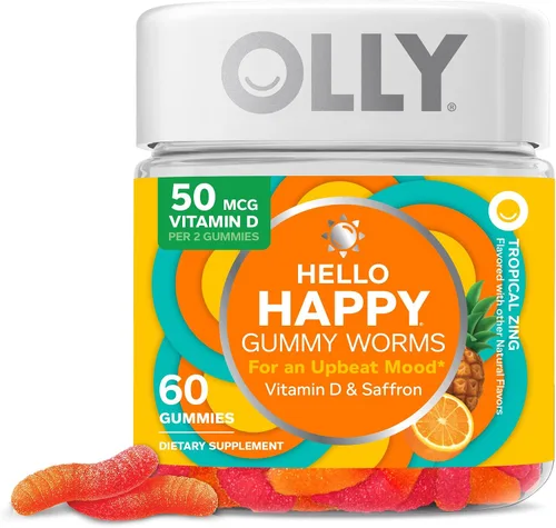 OLLY Hello Happy Gummy Worms, apoyo para el equilibrio del estado de ánimo, vitamina D, azafrán, suplemento masticable para adultos, zing tropical,