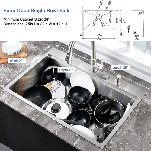 Miniatura 5 de Fregadero de cocina de acero inoxidable de 25 x 20 x 10 pulgadas, con caída en la parte superior, calibre 16, cuenco individual profundo, fregadero
