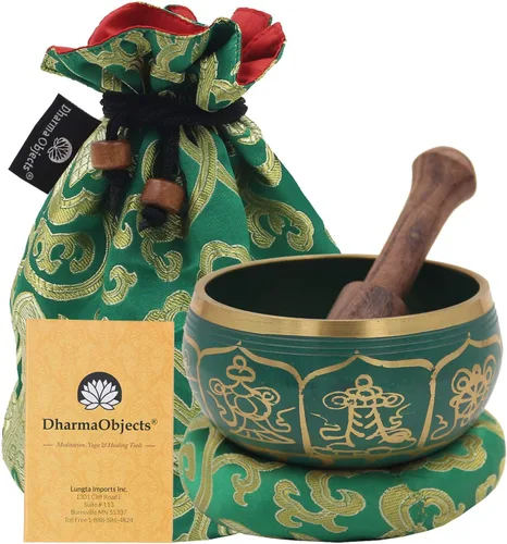 Miniatura 13 de DharmaObjects ~ Juego de cuencos tibetanos OM con mazo, cojín de brocado y bolsa de transporte ~ para meditación, curación de chakras, oración, yoga