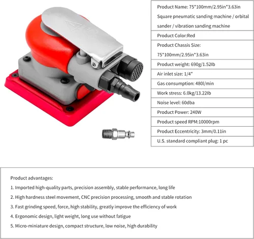 Miniatura 2 de DATOUBOSS Lijadora de órbita aleatoria lijadora neumática cuadrada de aire de palma para encerar automóviles, trabajo de carrocería de automóvil