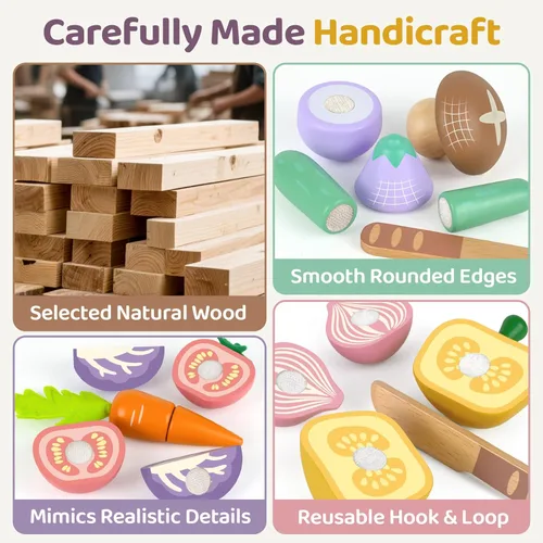 Miniatura 3 de Juegos de alimentos de madera para cocinas de niños pequeños de 3, 4, 5 años, juguetes de simulación de corte, juguetes educativos de madera
