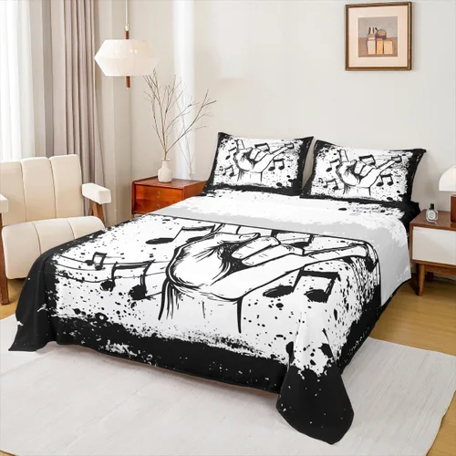 Erosebridal Juego de sábanas con temática musical de música rock, tamaño Queen, juego de sábanas con estampado de notas musicales, juego de sábanas