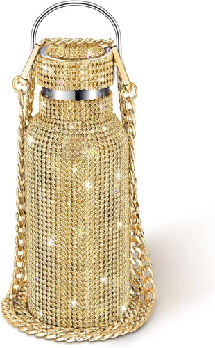 Miniatura 14 de Geiserailie Botella de agua con diamantes de imitación de acero inoxidable, térmica, recargable, aislada, con cadena, para mujeres y niñas