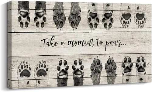 ARTINME Letrero para Amantes de Perros, Letrero "Take A Moment to Paws" con Estampado de Pata de Mascota, Arte de Huellas en Lienzo, Arte de Pared,