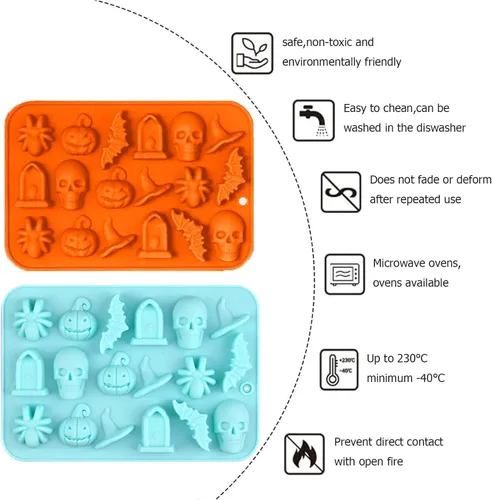 Miniatura 4 de Molde de chocolate de Halloween, 2 piezas de molde de silicona para hornear de Halloween, calabaza, murciélago, calavera, molde de silicona