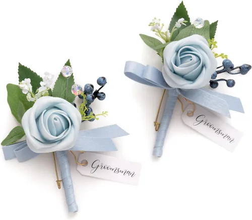 Ling's moment Boutonniere para hombres, 2 piezas de novios, padrinos de boda, flores artificiales para bodas, bailes, regreso a casa, etc. Azul Azul