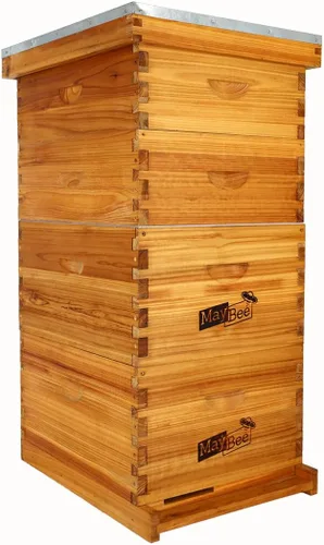 MayBee Colmena Langstroth de 8 marcos sumergida en cera de abejas 100%, kit completo de iniciación de colmenas y suministros de abejas, incluye 2