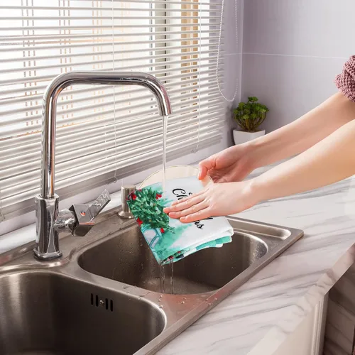 Miniatura 5 de Kajaia 4 paños de cocina y paños de cocina de Navidad verde azulado con diseño de gnomo de camión de Navidad de búfalo azul, toallas de mano azul