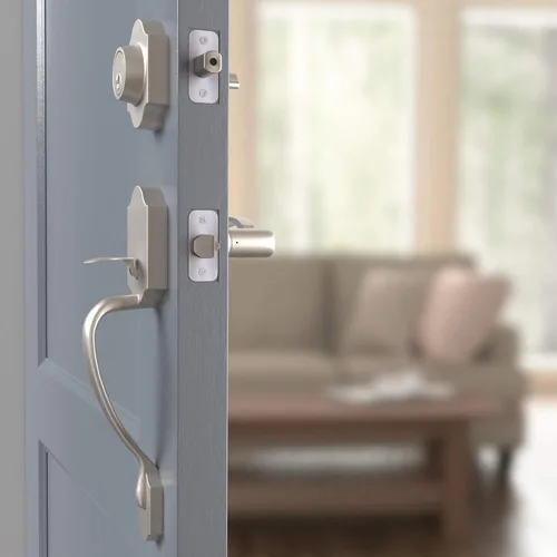 Miniatura 9 de Amazon Basics Juego de cerradura de puerta delantera, manijas con palanca Shelby, manija de puerta de nivel, exterior, paquetes de cilindro único