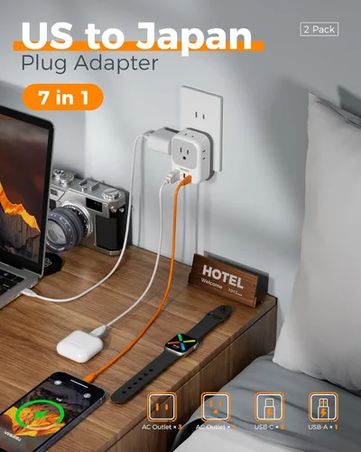 Miniatura 3 de Adaptador de toma de 2 a 3 clavijas, TESSAN Adaptador de enchufe de EE. UU. a Japón, paquete de 2 con 4 salidas, 3 USB (2 USB-C), adaptador