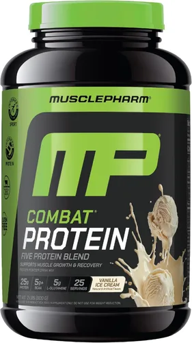 MusclePharm - Proteína en polvo de combate, sabor a vainilla, alimenta los músculos para entrenamientos productivos, 5 fuentes de proteína,