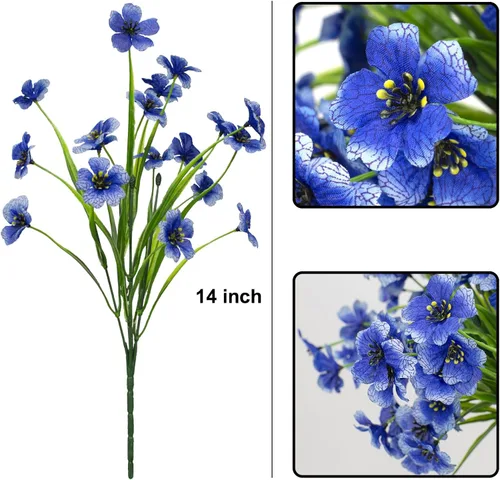 Miniatura 5 de Flores artificiales 15 racimos para exteriores, resistentes a los rayos UV, tela de plástico, plantas verdes para colgar macetas, cocina, hogar, Azul