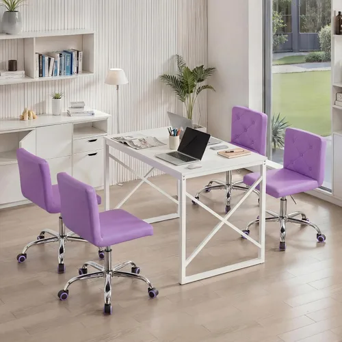 Miniatura 5 de VECELO Silla de tocador de cuero PU con respaldo medio sin brazos, altura ajustable, giratoria rodante 360° para trabajo en casa y oficina Púrpura