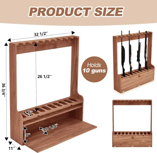 Miniatura 2 de Soaoo Estante para pistolas, estante de exhibición de madera para pistola de piso de diez pistolas, estante de exhibición de armas con compartimento