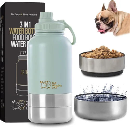 Miniatura 11 de Botella de agua de viaje 3 en 1 de 32 onzas para perros y seres humanos, doble uso, acero inoxidable, mantiene el agua caliente 6 horas/fría 12