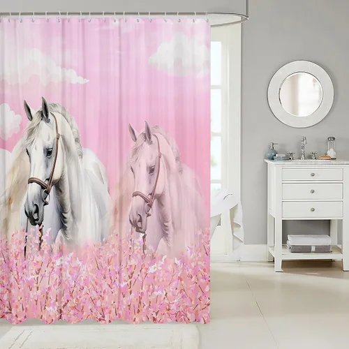 Miniatura 2 de Erosebridal Cortina de ducha de caballo para niñas, 72 pulgadas de ancho x 78 pulgadas de largo, cortina de baño con diseño de flores de cerezo