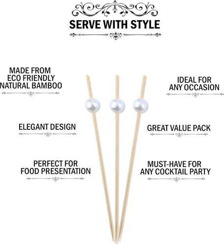 Miniatura 2 de Púas de bambú para cócteles, palillos de dientes, 120 unidades, 4.75 pulgadas, color blanco perlado de madera con volantes para aperitivo, Martini