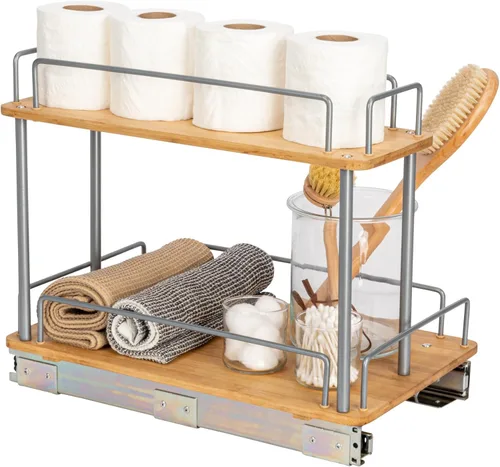 Miniatura 12 de Household Essentials Glidez - Organizador de almacenamiento extraíble de acero y bambú para uso debajo del fregadero o gabinete, diseño de 2
