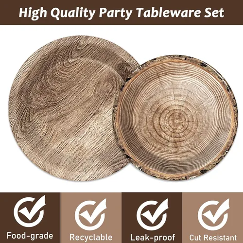 Miniatura 3 de 96 piezas de suministros de madera rústica para fiesta de árbol, juego de vajilla de leñador, decoración de fiesta de camping, caza, suministros