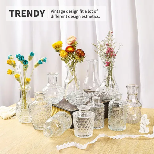Miniatura 2 de Juego de 12 jarrones de cristal con brocha, jarrones de cristal para centros de mesa lindos, mini jarrón transparente a granel para decoraciones