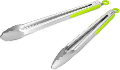 Pinzas de cocina de acero inoxidable 304, juego de 2 pinzas resistentes de 12 y 14 pulgadas para asar a la parrilla, con bloqueo cepillado y agarre