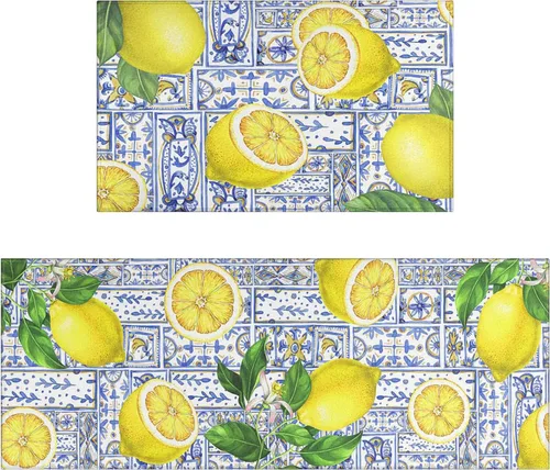 Juego de 2 tapetes de cocina de acuarela de limón, juego de 2 tapetes de cocina antideslizantes y lavables para el suelo, 2 piezas, decoración de
