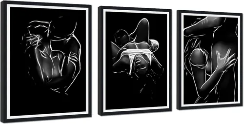 Miniatura 82 de Novatique 3 piezas de arte de pared sexy en blanco y negro para parejas desnudas, decoración de pared abstracta de amor para mujeres y hombres, arte