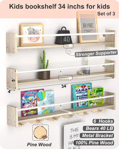 Miniatura 3 de Estantes flotantes para libros de 34 pulgadas, estantes flotantes para libros de pared, estantes de guardería de montaje en pared, juego de 3