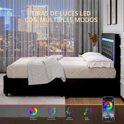 Miniatura 5 de BarnFurin Marcos de Cama Individual con Luces LED y Cajones de Almacenamiento, Marco de Cama Tapizado con Cabecera de Diamante, Cama de Plataforma
