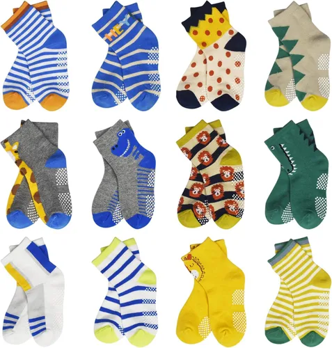 HYCLES Calcetines para niños pequeños con agarre antideslizante 12 pares de calcetines adhesivos de algodón para bebés y niños 1-33-55-7T para niños