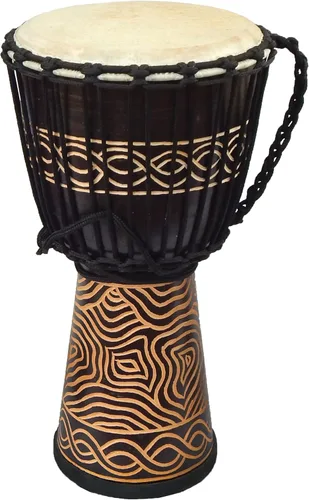 Terre Línea estándar tallada Djembe - Madera de caoba con piel de cabra natural, 16 pulgadas de alto, cabeza de 8 pulgadas, modelo NK047
