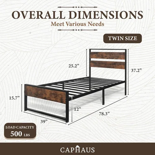 Miniatura 2 de CAPHAUS Base de cama de metal con cabecera y estribo de madera, plataforma de metal con marco de acero de primera calidad, base de colchón, sin