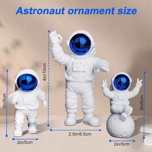 Miniatura 6 de Juego de 4 piezas de decoración de estatua de astronauta, adorno de figura de astronauta de poliresina azul, 3 piezas de espejo y 1 llavero