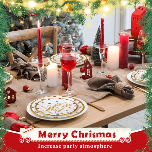 Miniatura 5 de Lounsweer 96 piezas de suministros para fiestas de Navidad, platos de papel y servilletas, juego de vajilla desechable, incluye platos de Navidad