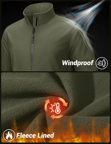 Miniatura 4 de TACVASEN Chaqueta ligera Softshell para hombre, impermeable, ligera, con forro polar, abrigo de invierno con 4 bolsillos cortavientos