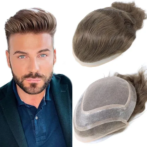 Miniatura 5 de HAPPY&CC Pelucas de repuesto de cabello para hombres y hombres, sistema de cabello humano tipo tupé, línea capilar natural, mono fino con postizo