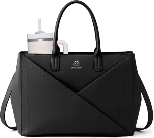 Miniatura 10 de LOVEVOOK Bolsa de mano para laptop para mujer con soporte para tazas grande, bolsa de trabajo de piel sintética de 16 pulgadas, bolsa de mano