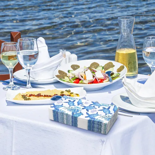 Miniatura 4 de 100 servilletas de papel desechables con diseño de tortuga y océano, color azul océano, animales marinos, cenas, toallas de mano para verano, playa